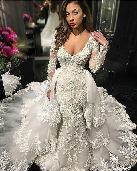 

glamorous mermaid lace wedding dresses with detachable skirts deep v-neck illusion long sleeve ruffled cort train modern bridal gowns, White