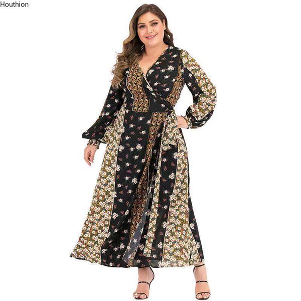 

houthion women's dress new fashion temperament muslim dress v-neck long sleeve printing stitching lantern sleeve, Black;gray