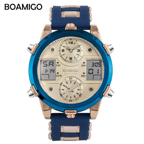 

boamigo new men's sports fashion watch led 3 clock dual display waterproof watch digital digital, Blue