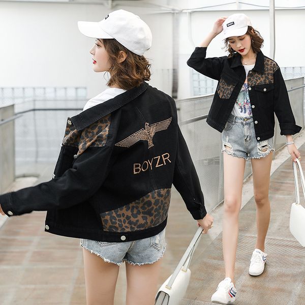 

leopard print stitching denim jacket women's 2020 autumn and winter new fashion temperament short and versatile, Black;brown