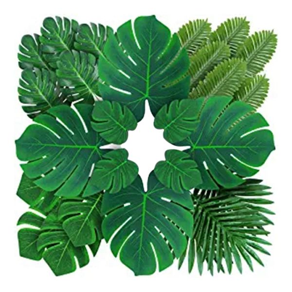 

palm leaves artificial tropical monstera - 84 pcs 6 kinds large small green fake palm safari jungle hawaiian party