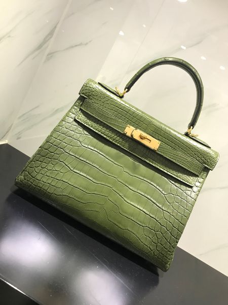 

whosale real crocodile leather 25cm army green keily purse,fully handmade with wax thread,gold and silver hardware, by order,fast delivery
