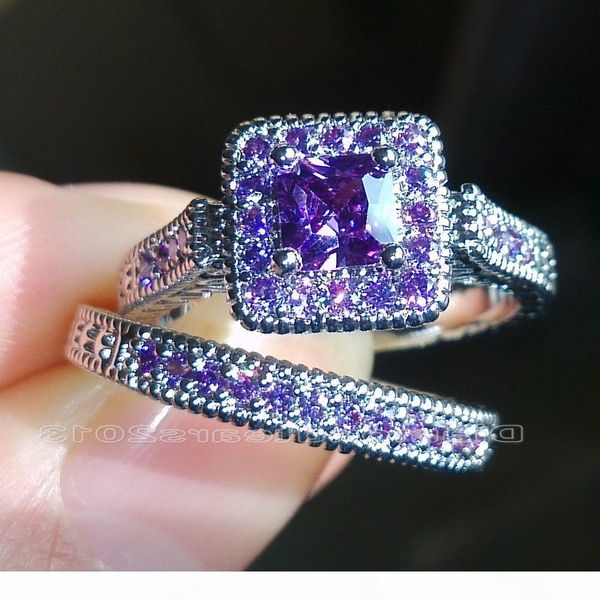 

размер 5-10 vintage ювелирные изделия принцесса вырезать аметист имитация алмазный cz свадебные gemstones помолвки свадебные кольца набор дл, Slivery;golden