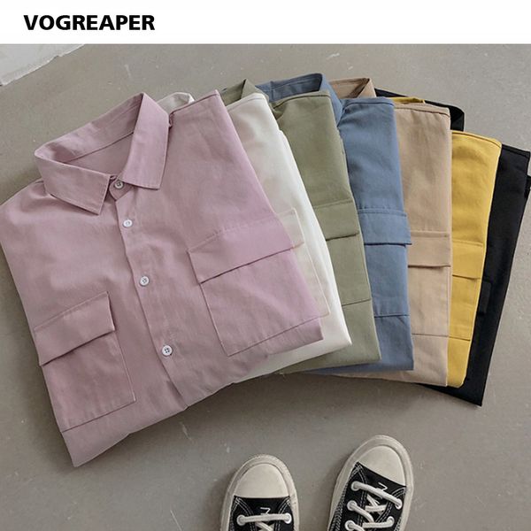 

summer new men chest pockets short sleeve shirt streetwear korean fashion button down white black khaki shirts harajuku blouse