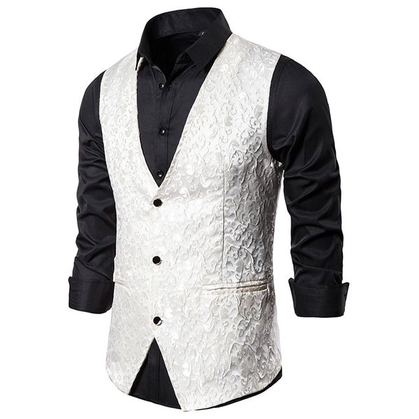 

mens slim fit white jacquard suit vest 2020 brand sleeveless men waistcoat slim fit vest men gentleman formal business vests man, Black;white