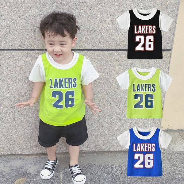 

ngfab 2019 qile clothing new listing 1-4 year old baby out children's t-shirt children's clothing no. 26 printed fake two-piece t, Blue