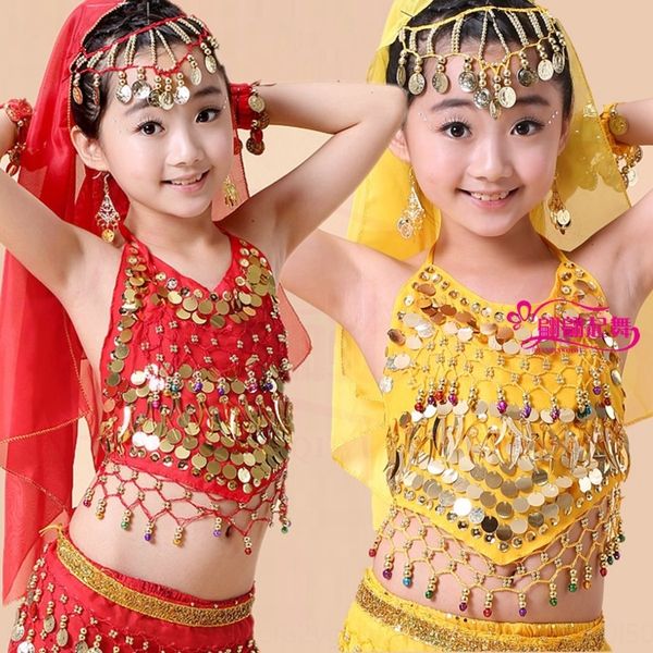 

new belly dance clothes clothing practice children's indian dance table performance clothing children's chili belly pocket top, Black;red