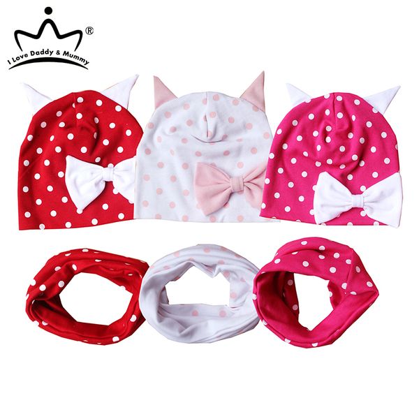 

1 set baby hat scarf dot printing bow baby girl cap scarf autumn winter cotton children beanie cute hat with ears o ring scarves, Yellow