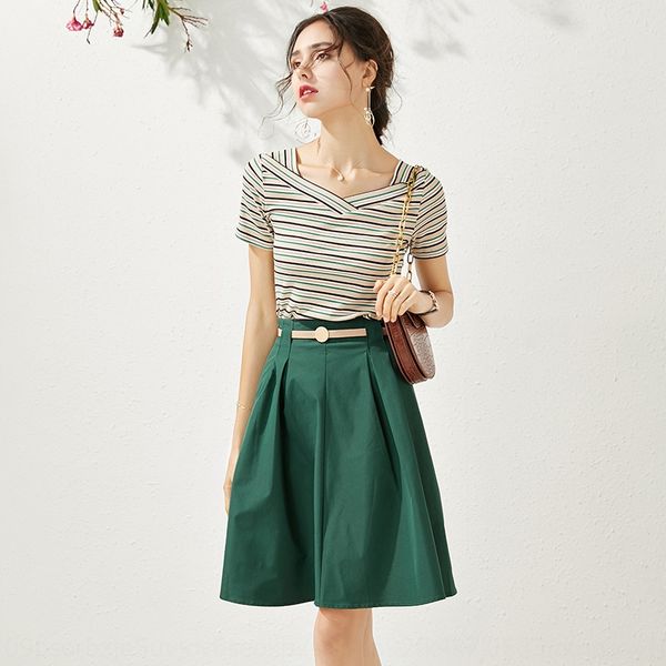 

2011210-2020 summer new umbrella skirt slim striped knitted + a- line umbrella skirt two-piece suit, Gray
