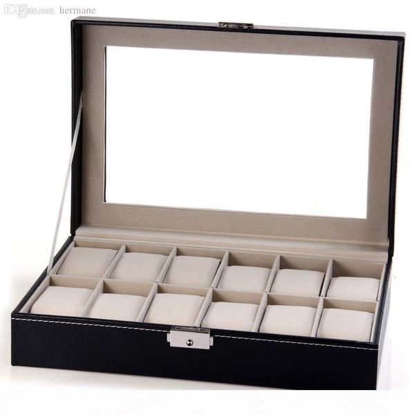

r wholesale -12 grid luxury leather watches box jewelry display collection storage case watch organizer box holder accessories caixa re, Black;blue