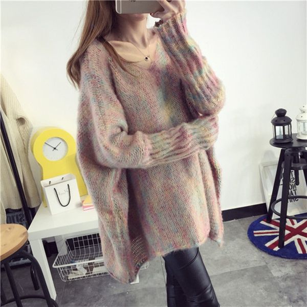 

season new round pullover neck bat long sleeve loose sweater mid-length pullover sweater for women, White