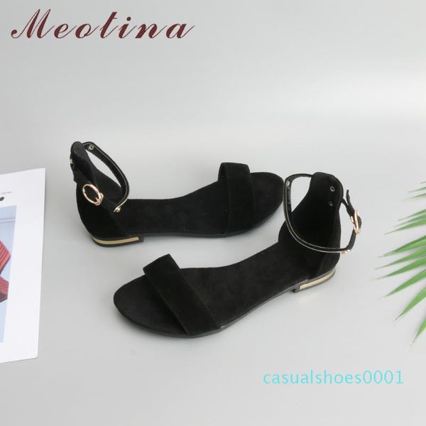 

meotina genuine leather women sandals chunky heels summer shoes 2019 peep toe suede shoes black buckle bling big size 33-46 c01