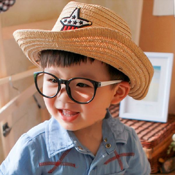 

summer korean style girl boy western cowboy children's sun baby straw five-pointed star hat children's straw hat five-star, Blue;gray