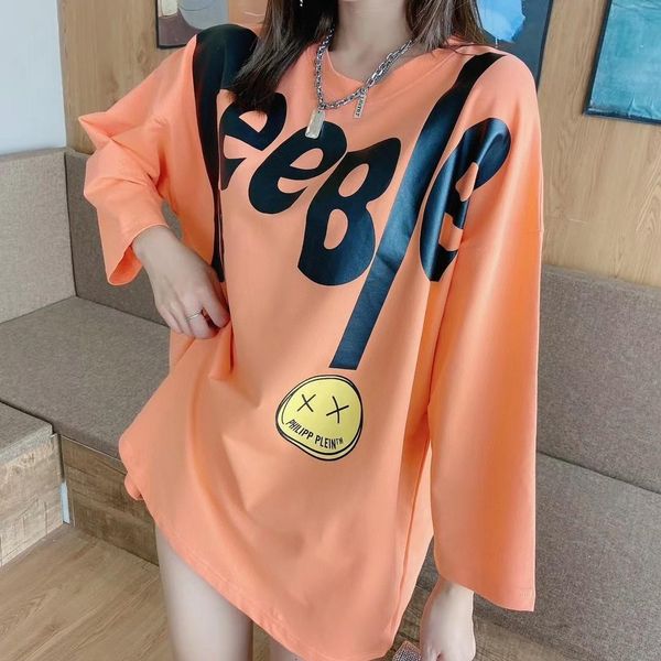 

korean round neck smiling face printed large letters long sleeve t-shirt-fifth of women, Black