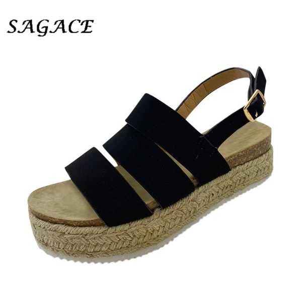 

sagace bohemian women wedge sandals leather thick heels buckle strap beach shoes wedding party ladies platfrom sandals, Black