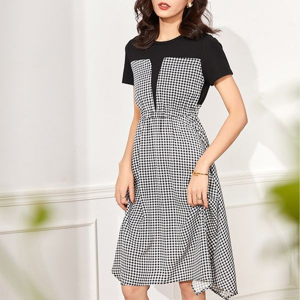 

plaid for women 2020 new summer fake two-piece slim-fit waist slimming fashionable temperament dress aging chiffon dress, Black;gray