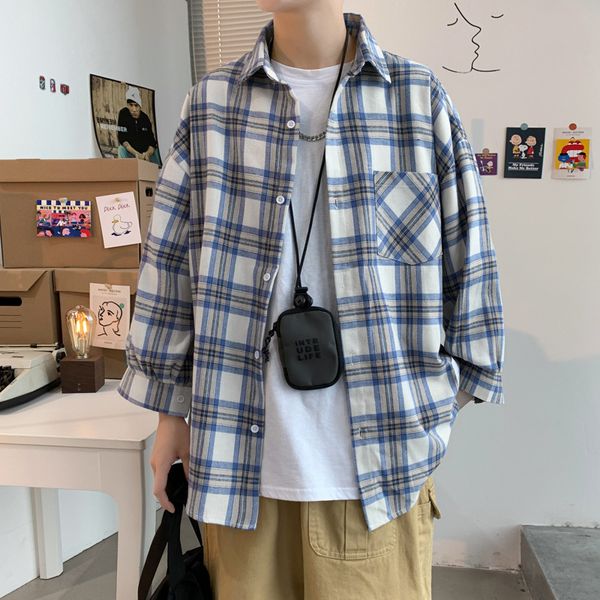 

casual shirts men plaid plus size long sleeve vintage baggy men's shirt blue harajuku blouse streetwear clothes button soft, White;black