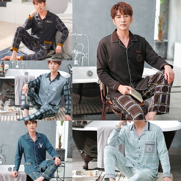 

yimufu pajamas pajamas pajamascotton long sleeve spring and autumn men's casual cotton home clothes autumn men's two-piece set, Black;brown