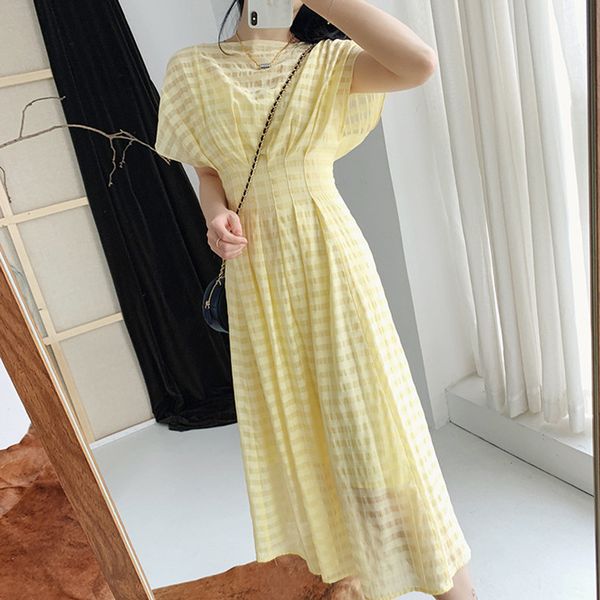 

two piece set womens yellow midi dress slash neck high waist slim plaid short sleeve long dress for 2020 spring summer, Black;gray