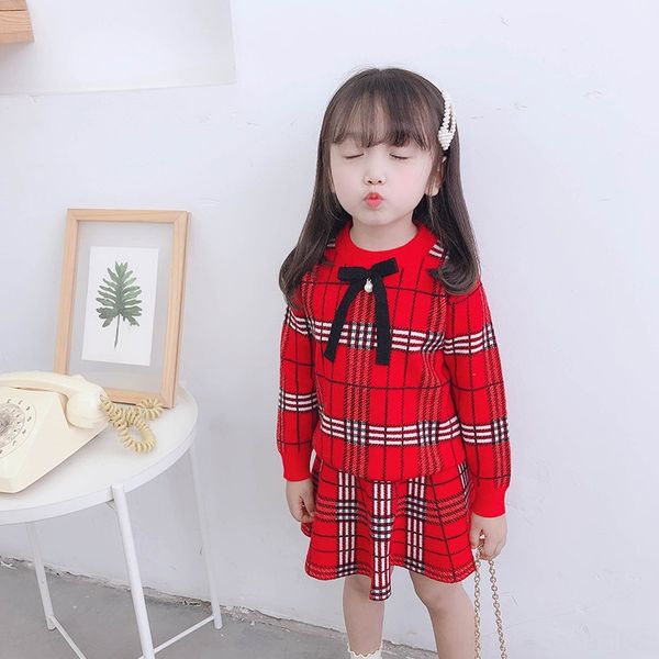 

2019 autumn new girl sweater skirt baby british plaid long sleeve sweater and striped plaid skirt two-piece set, Blue