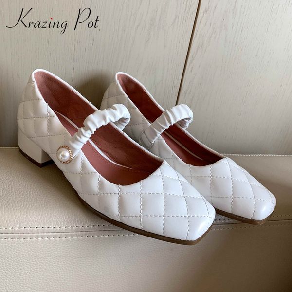 

krazing pot french romantic large size full grain leather gingham thick med heel square toe slip on pearl fairy women pumps l92, Black