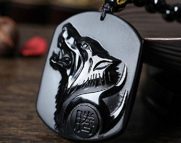 

100pcs drop shipping black obsidian carving wolf head amulet pendant necklace obsidian blessing lucky pendants, Silver