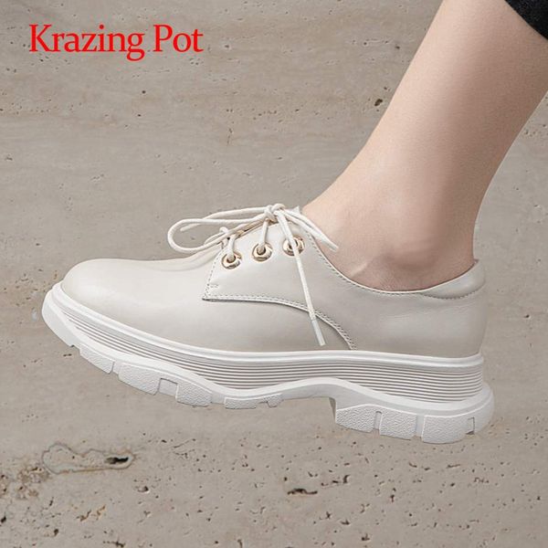 

krazing pot autumn new shoes punk real leather fashion round toe thick med heels lace up beauty girls handsome women pumps l98, Black