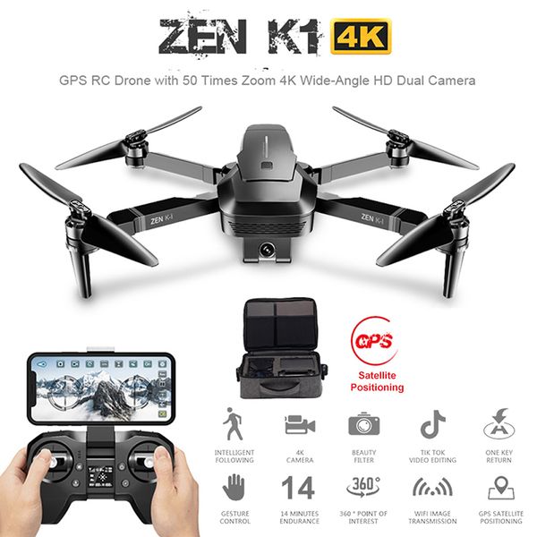 

zen k1 gps rc drone with 50 times zoom 4k wide-angle hd dual camera wifi fpv brushless motor 28 mins flight time sg906 drone 4k