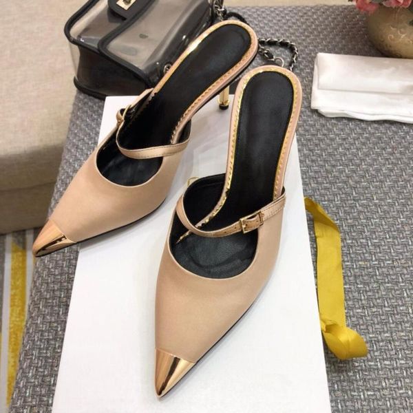 

zapatos de mujer slippers woman summer slippers high thin heels pointed toes metal decora strap shoes woman, Black