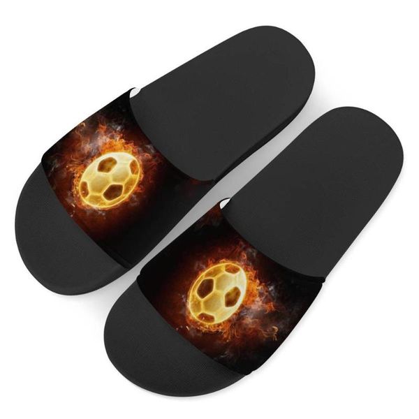 

football fire pattern custom summer slippers shoes man open toe flip flops outdoor lawn beach slides sandals soccer 3d print