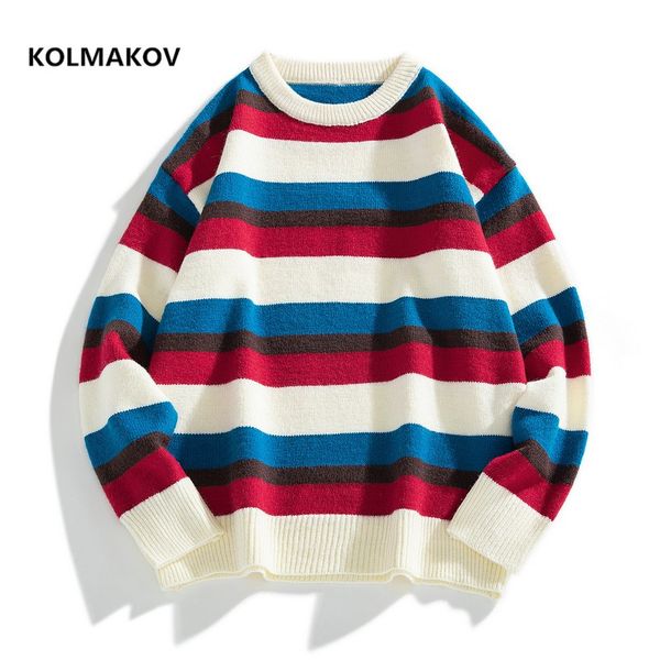 

2020 autumn o-neck men's sweaters winter warm knitting pullover loose style men stripe sweater size -3xl, White;black