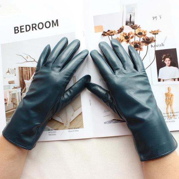 

new women genuine leather colour gloves straight style cashmere lining sheepskin short mittens, Blue;gray