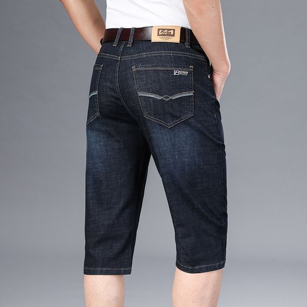 

summer thin and shorts and jeans men's denim shorts men's straight loose medium pants 7 cropped jeans stretch high waist half pant, Blue