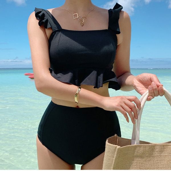 

south korea 2019 new spring size chest swimsuit bikini high waist swimsuit women's triangle bikini split two-piece set, Black