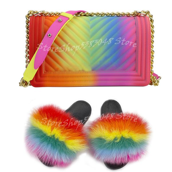 

женщины fox fur тапочки женская обувь новая мода матовый цвет jelly сумка одно плечо косой straddle радуга цепи сумка оптом, Black