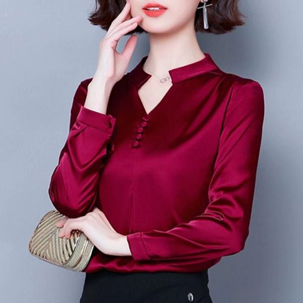 

women's blouses & shirts 2021 spring women fashion long sleeves satin blouse vintage femme v neck elegant imitation silk k205 plus size, White
