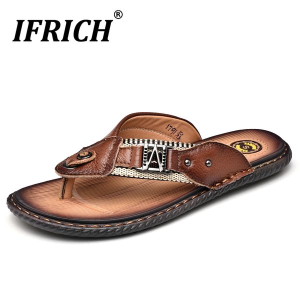 

popular men summer slippers designer slide flip flops men black dark brown beach shoes genuine leather mens flip flops