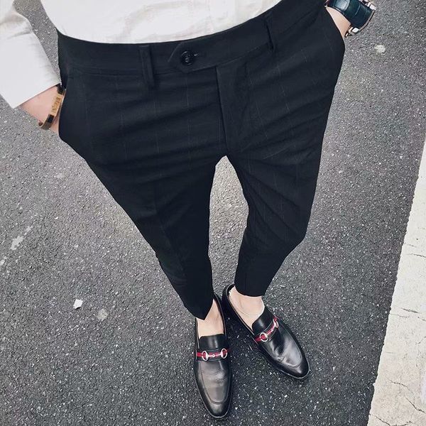 

black men dress pants slim fit solid color ankle pants male fashion summer office trousers men thin suit pant 3colors l95, White;black