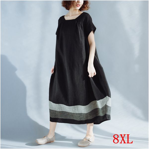 

large size women's dress stitching contrast color plus size 5xl 6xl 7xl 8xl summer round neck short sleeve loose black dress, Black;gray