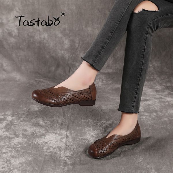 

tastabo 5308 genuine leather women's shoes flat hole shoes comfortable everyday style openwork upper gray brown, Black