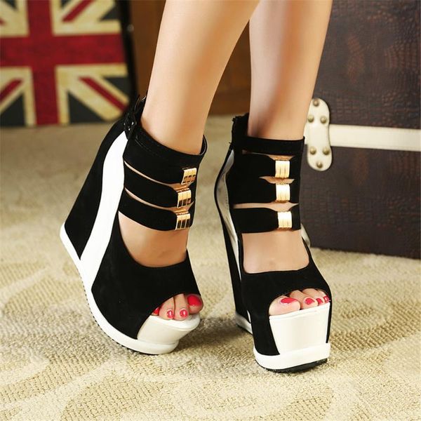 

sarairis 2020 new design wedge high heels summer sandals women shoes cover heel zip up metal decoration shoes woman sandals cs05, Black