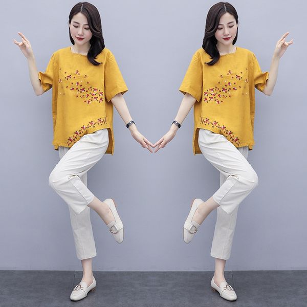 

4fskl мода и костюм лета женщин большого размера художественной вышивки вышитые и хлопок хлопок белье короткий рукав западный стиль старения, Gray