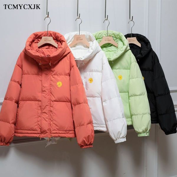 

winter new coat 90 down jacket women's short small daisy candy color loose korean hooded warm bread service jackets parka coats, Black