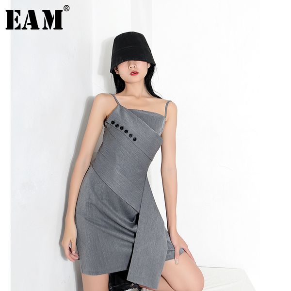 

eam] women gray botton irregular stitch spaghetti strap dress new sleeveless loose fit fashion tide spring summer 2020 1y382, Black;gray