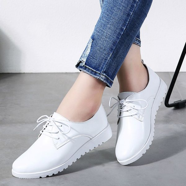 

2020 women spring casual sneakers shoes women wedge genuine leather lace up shoes flats ballet chaussure femme 9935, Black