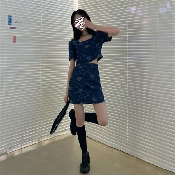 

riyifan лето новой роза квадратного воротник футболка футболка + высокая талия юбки джинсового костюма, Gray