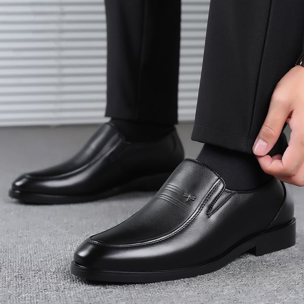 

2020 new british men's slip on split leather pointed toe shoe men dress shoes business wedding oxfords formal shoes for male, Black