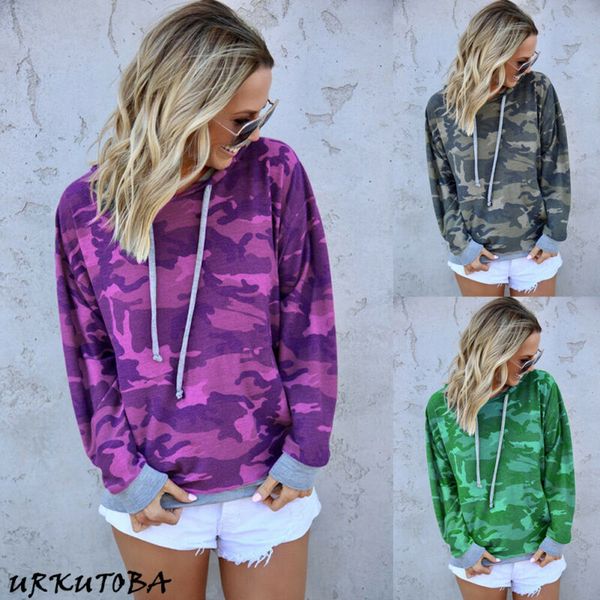 

women casual fashion long sleeve camouflage hoodie lightweight soft pullover fall sweatshirt purple green, Black