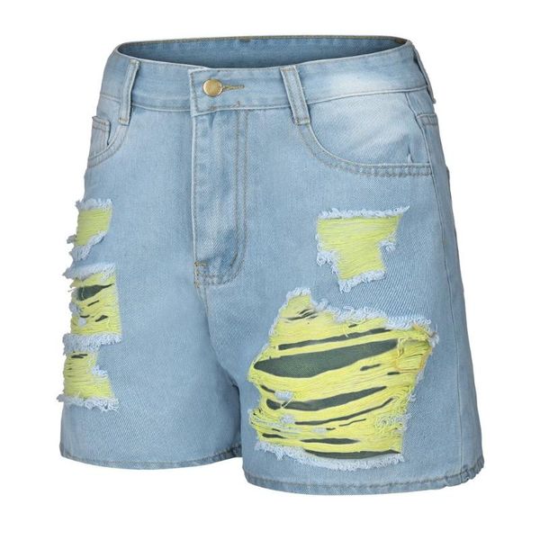 

women summer broken denim shorts ripped jeans short yellow woman high waisted ant femme slim fit pantalones cortos de mujer, Blue