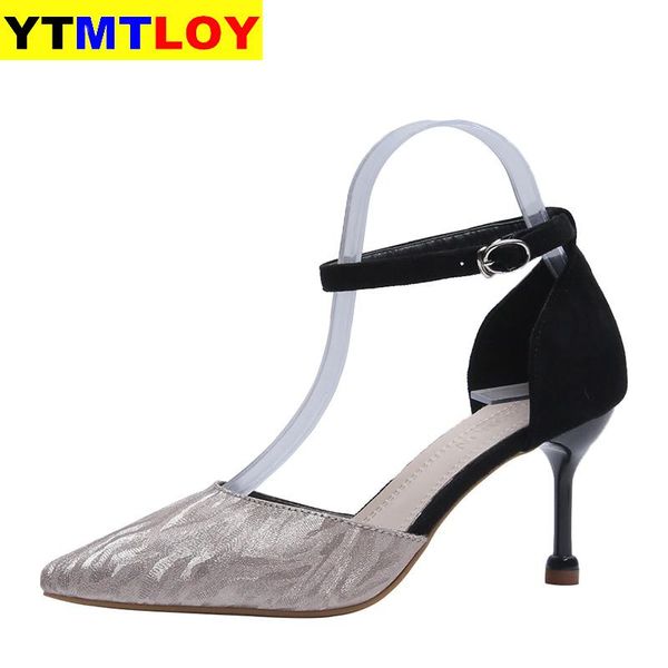 

2020 new fashion thin high heels sandals women shoes sequins shine bling pointed toe strap buckle ladies shoes woman sandals, Black